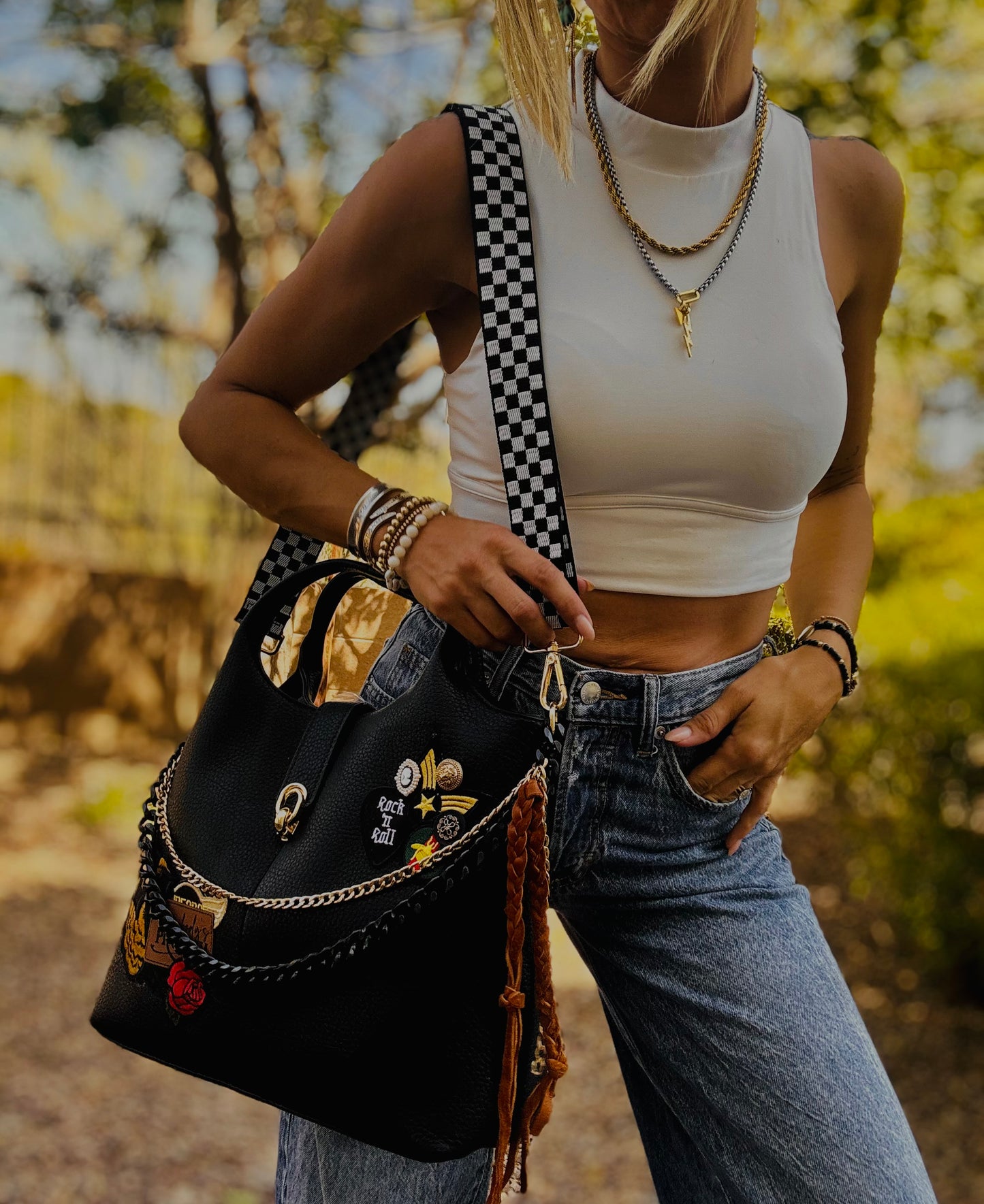UM - SOMEBODYS PROBLEM ROCK AND ROLL VINTAGE CHECKERED STRAP+ elk hide accents +TUCSON ￼** multi straps