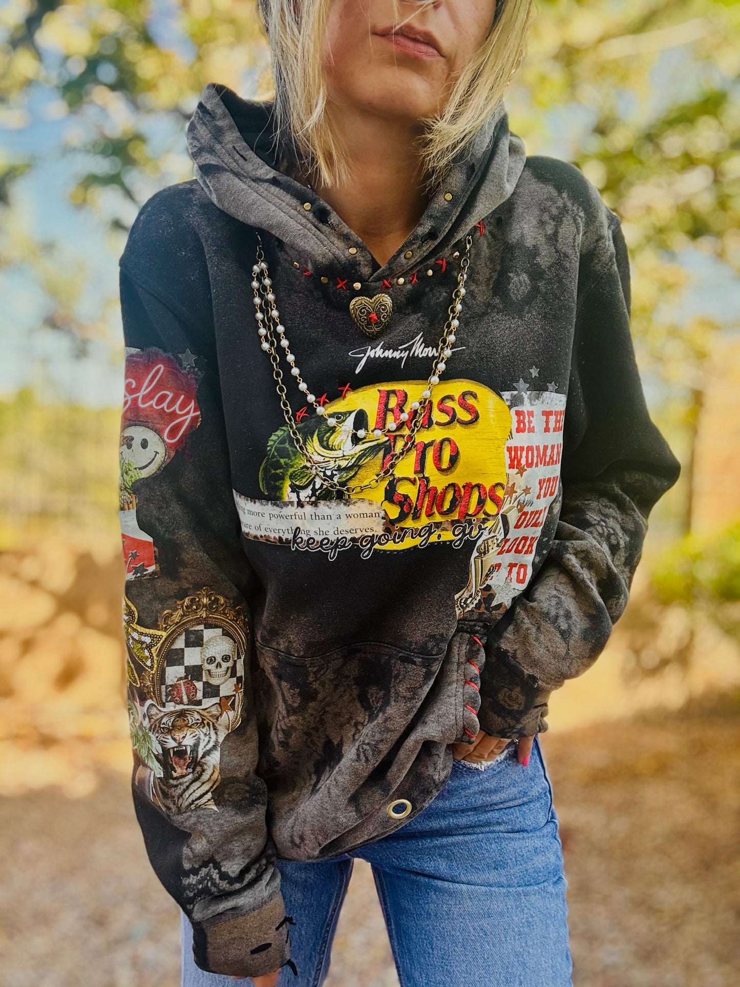 CD- NECKLACE HOODIE Edgy band babe - lace vintage wash+ Men’s unisex size XS runs big like a S/M     - Cut off bottom band hem