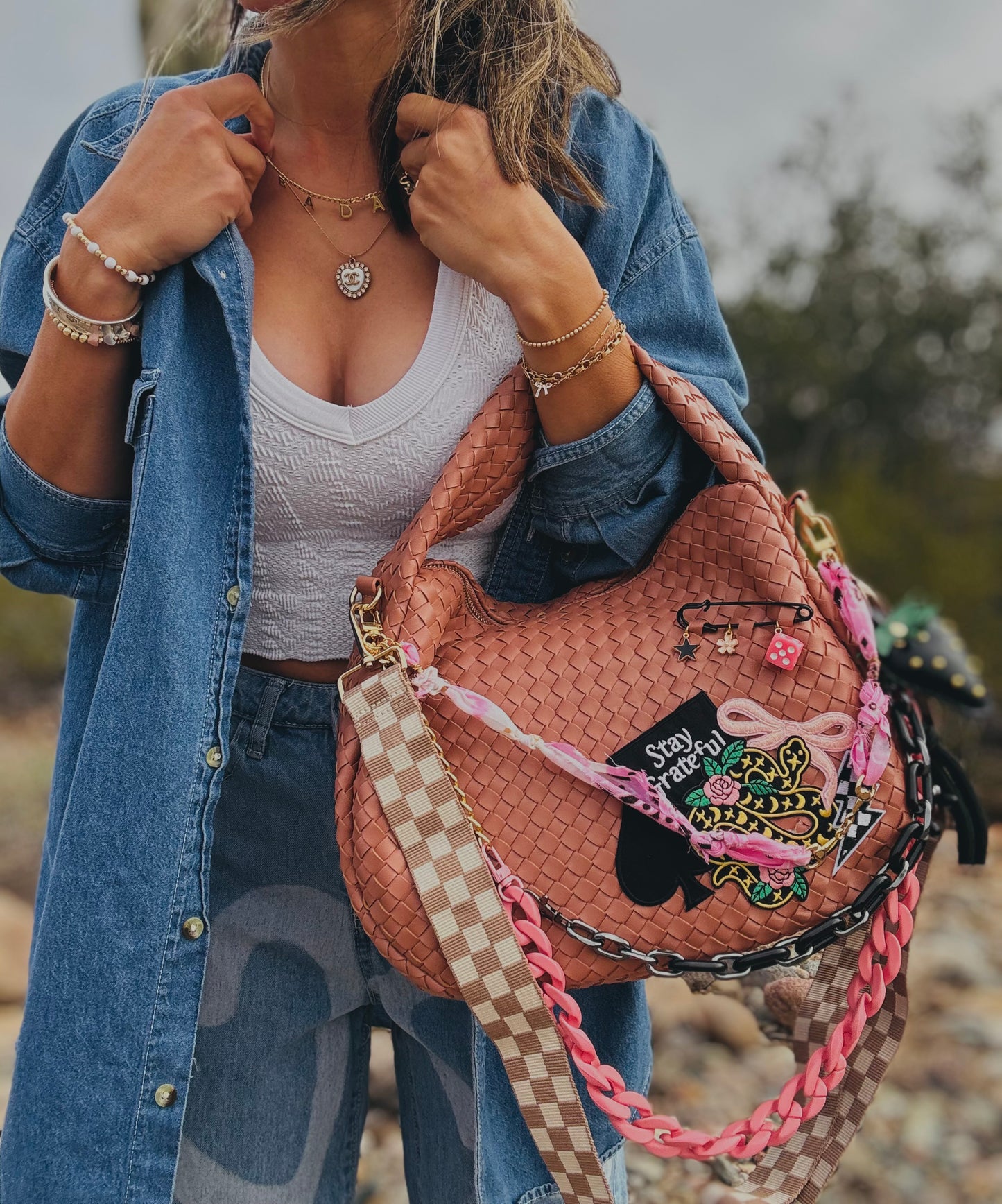 NY-stay grateful rose snake and checkered *CHANDLER BAG**
