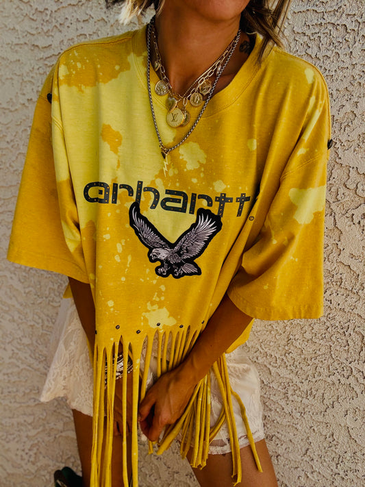 TEE-sunshine blue collar baddie  - DAD TEE MENS LARGE handmade fringe