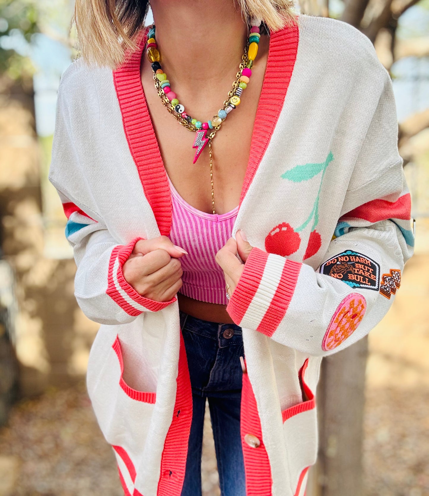 NC-CHERRY BOMBER CARDIGAN + do you no harm take no bull +MEDIUM