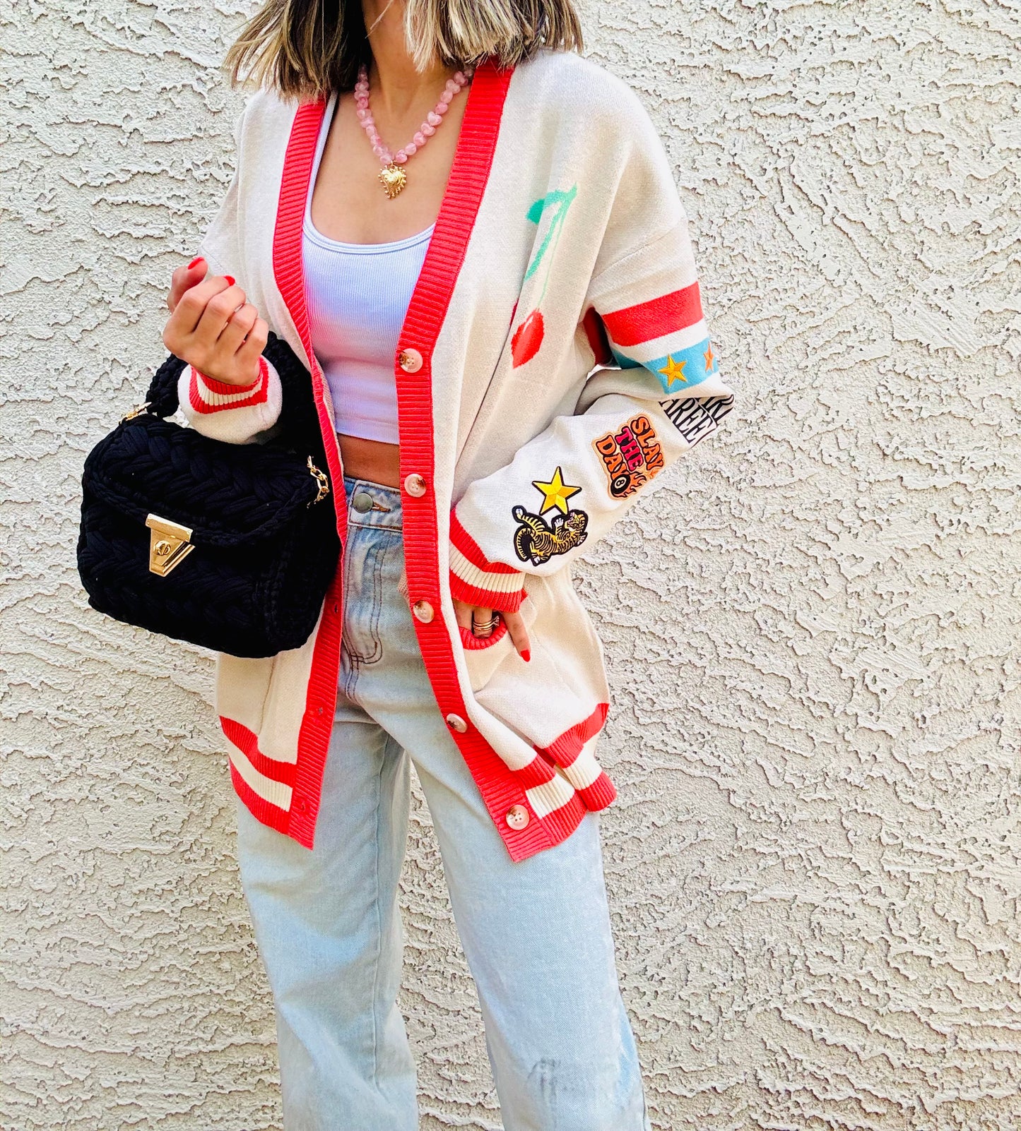 BBH-CHERRY BOMBER CARDIGAN + slay the day tiger +￼ CM CO. babes