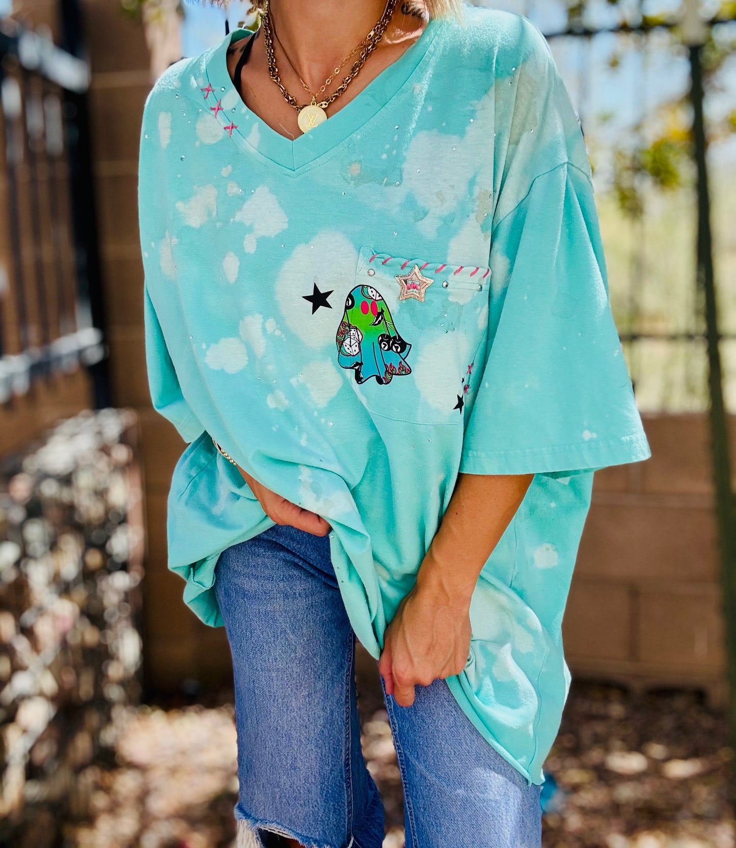 MD- Teal blue ghostie +HUSBAND POCKET SHIRT -4XL bottom seem cut off