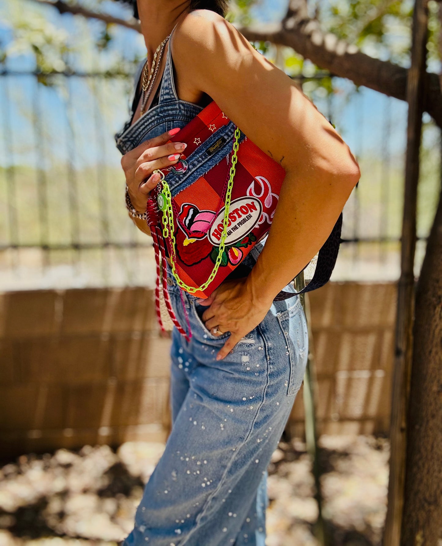 RG-houston I’m the problem wrangler denim patch work  +** magenta pink and orange stripe LIZZIE KISS CLUTCH￼** WITH STRAP