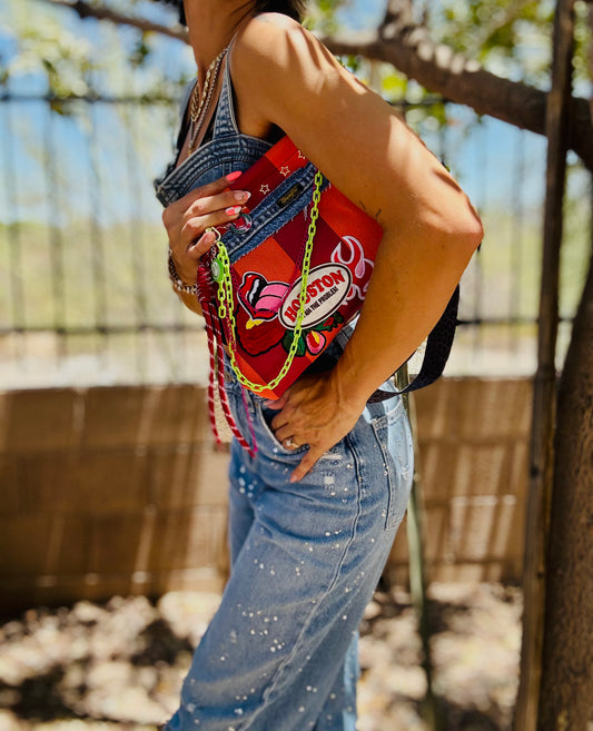 RG-houston I’m the problem wrangler denim patch work +** magenta pink and orange stripe LIZZIE KISS CLUTCH** WITH STRAP