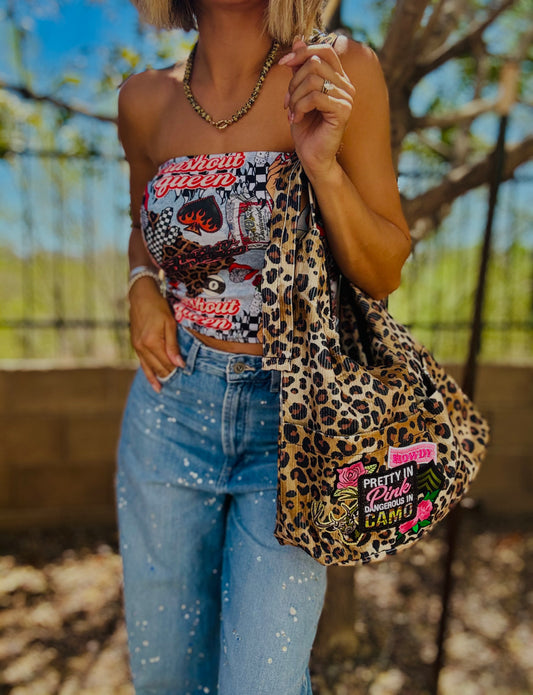RTS-PINK pretty in camo deer  - Light corduroy hobo tote strap buckle pocket fronts