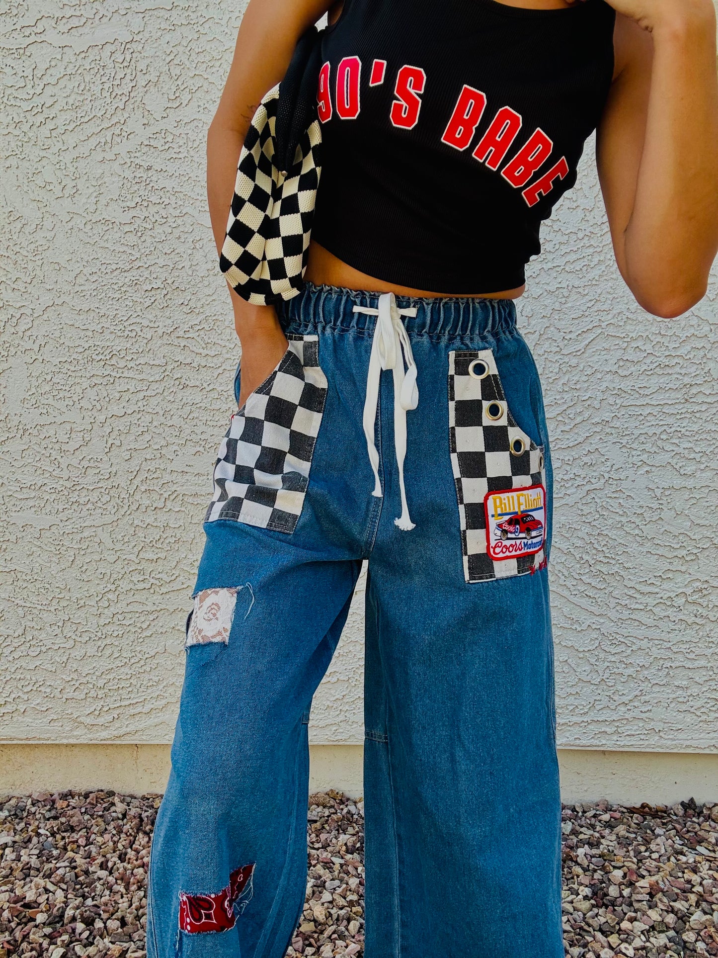 AUG- VINTAGE RACE LACE AND BANDANA REWORK WIDE LEG LIGHT DENIM- SIZE MEDIUM ELASTIC WAIST BAND AND DRAW STRING