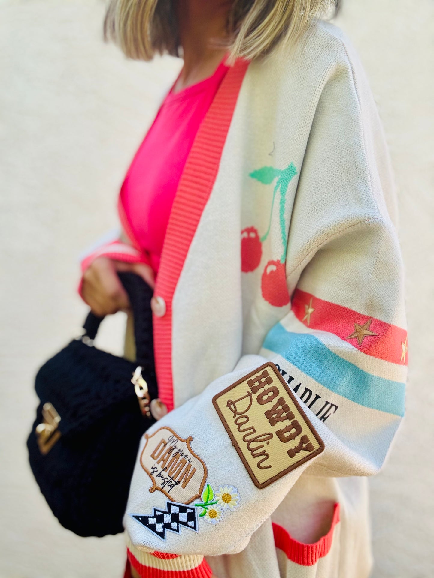 BBH-CHERRY BOMBER CARDIGAN + howdy darling my give a damn is busted +￼ CM CO. babes