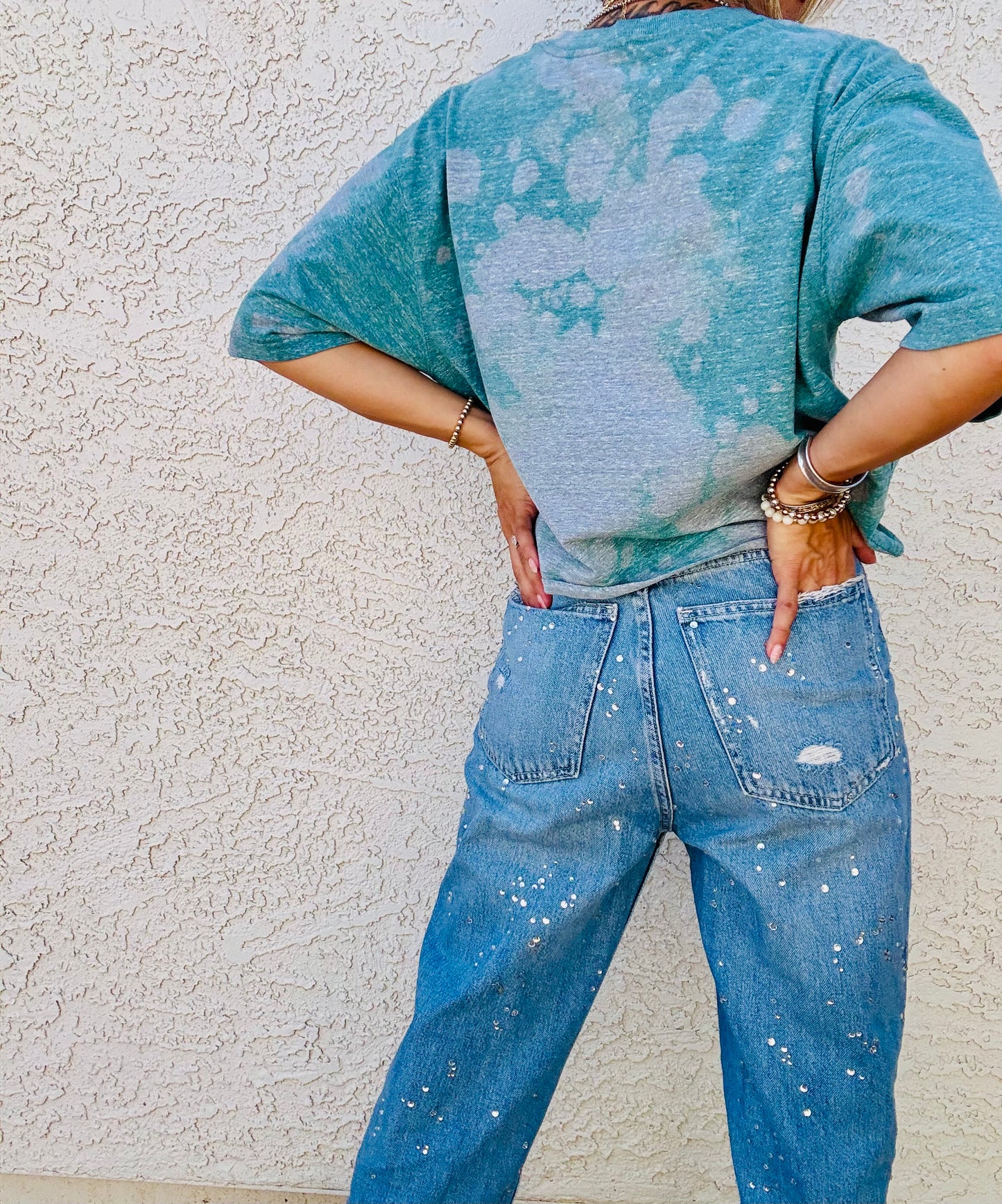 HD-STITCHED BEADED TURQUOISE DISTRESSED POCKET SHIRT - MENS MEDIUM