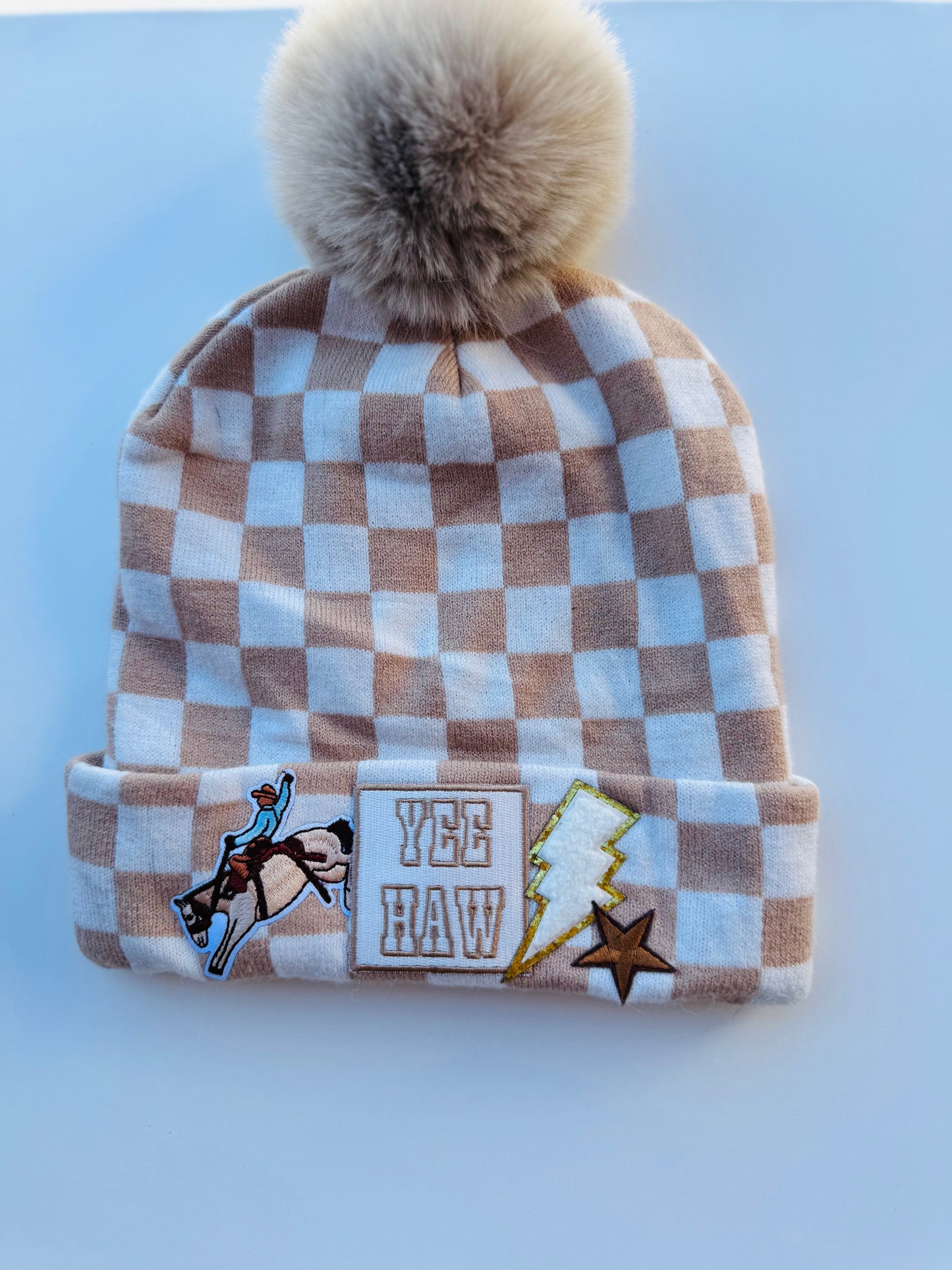 Bfs- tan checkered beanie Yeehaw
