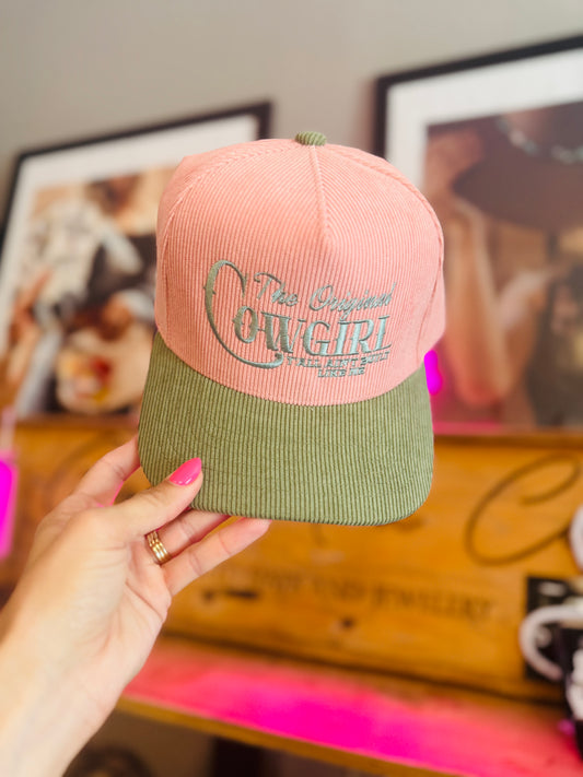 CT-the original cowgirl yall ain’t built like me  *pink and jade premium corduroy panel SNAPBACK TRUCKER