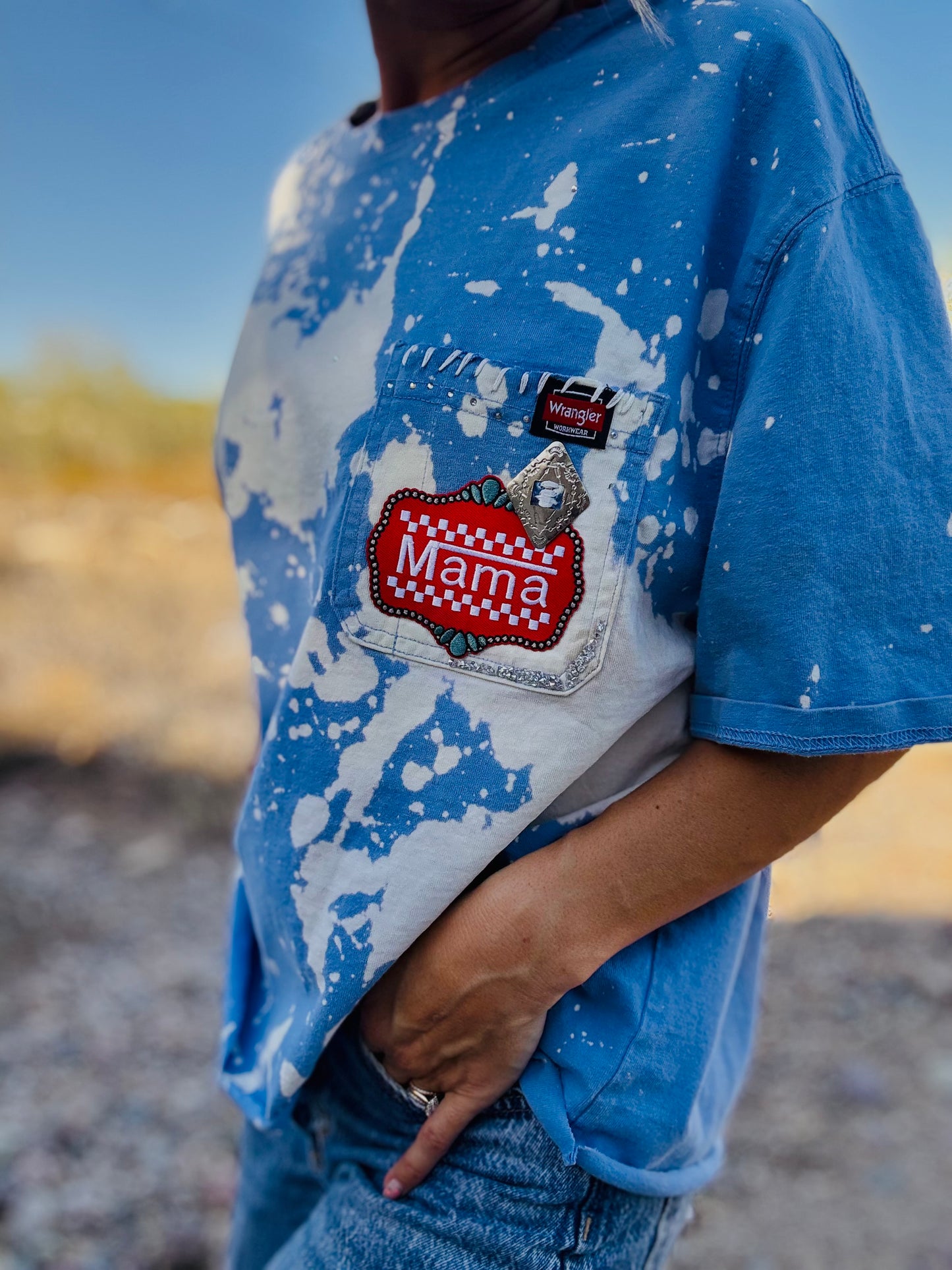 HD-mama blue DISTRESSED POCKET SHIRT - MENS 2XL CUT