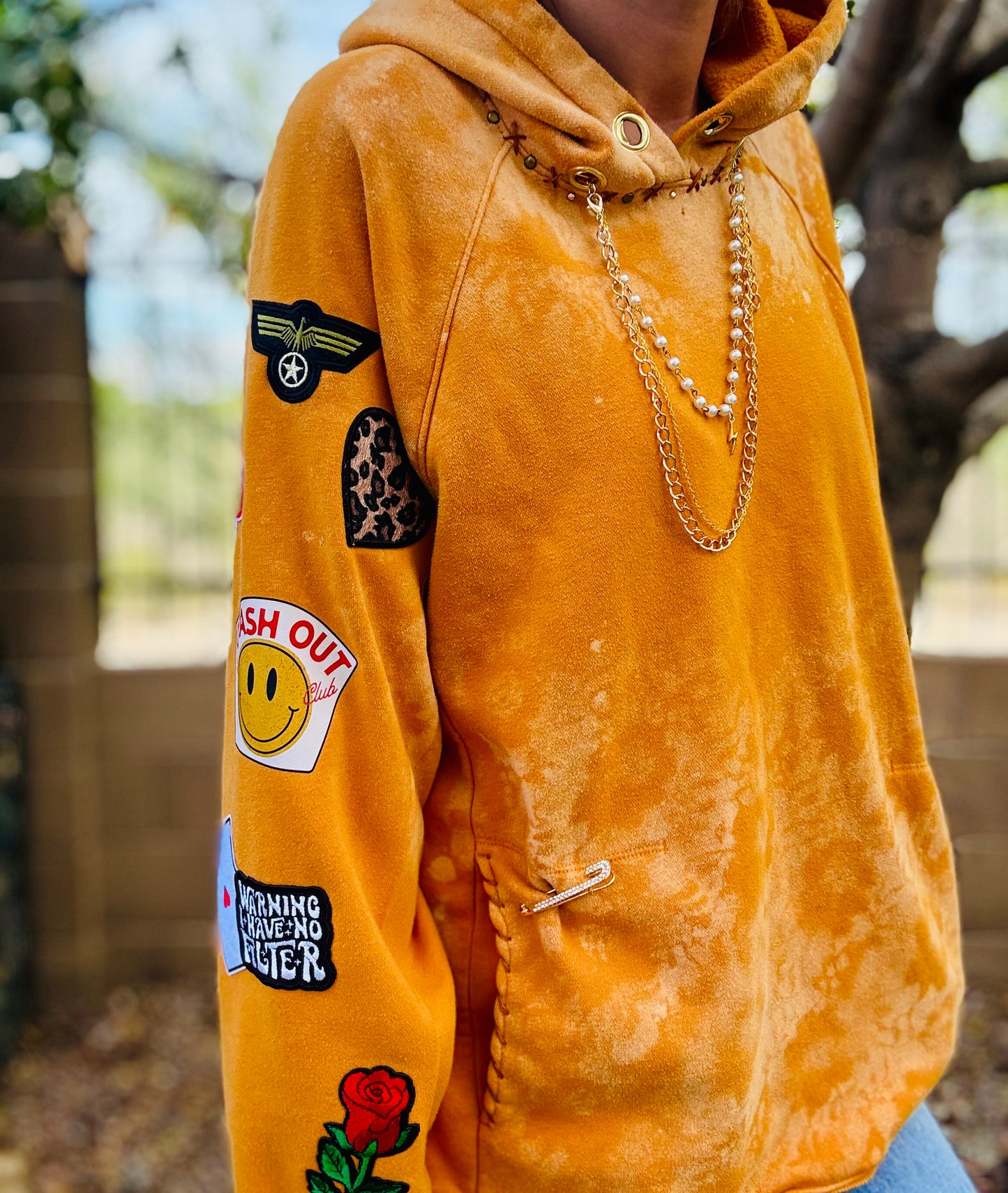 CD- NECKLACE Hoodie yellow gold patched arm  - lace vintage wash+ Men’s unisex sizeLARGE- Cut off bottom band hem