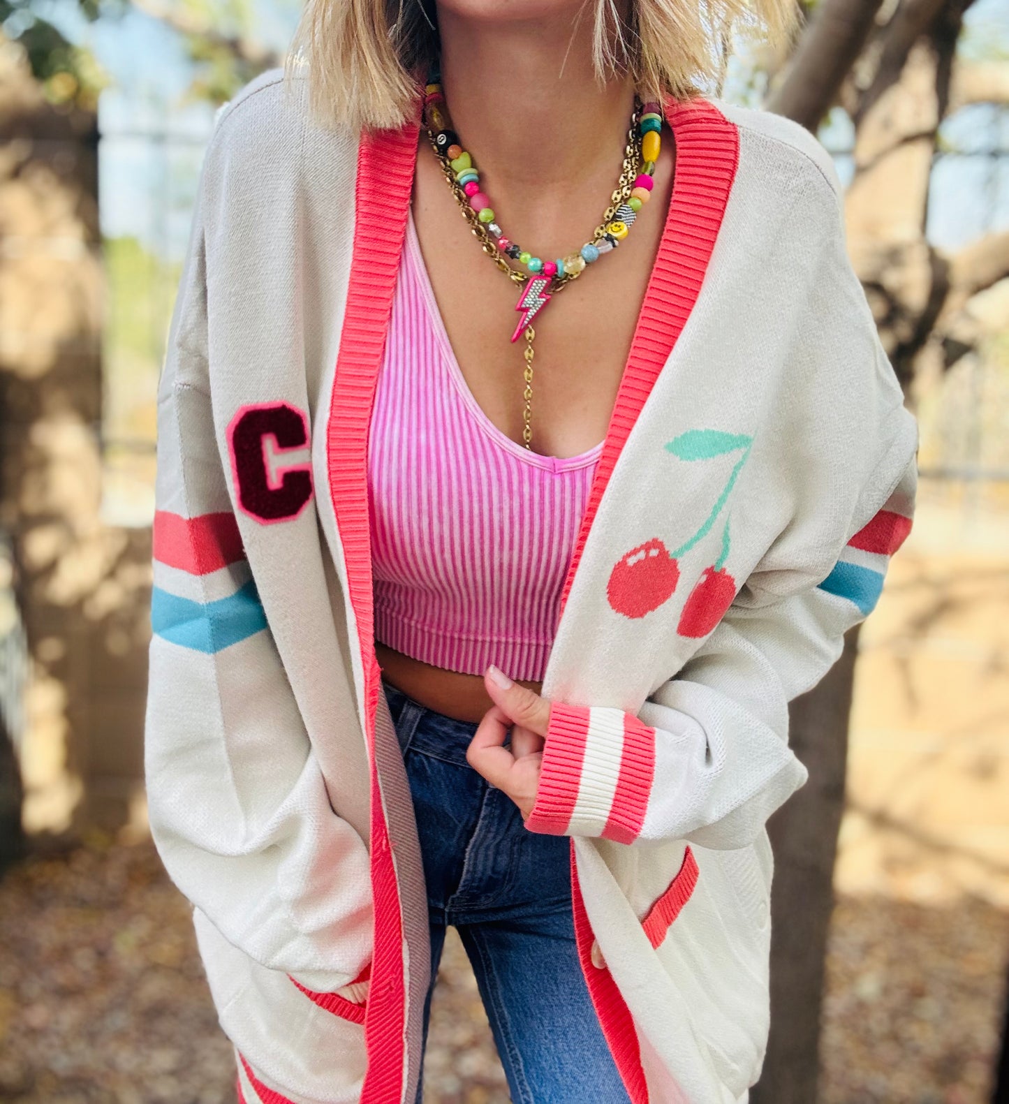 NC-CHERRY BOMBER CARDIGAN + CM CO. cherry letterman +LARGE