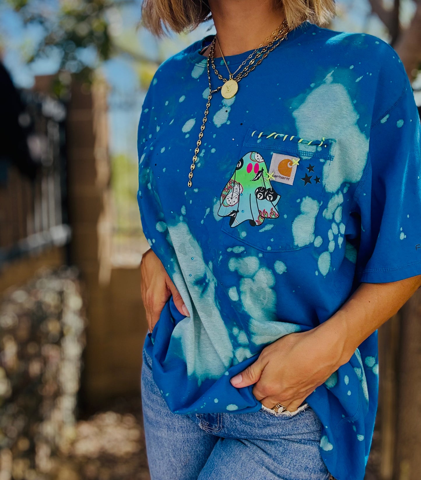 MD-GROOVY BLUE GHOSTIE -HUSBAND POCKET TEE XL CROPPED CUT
