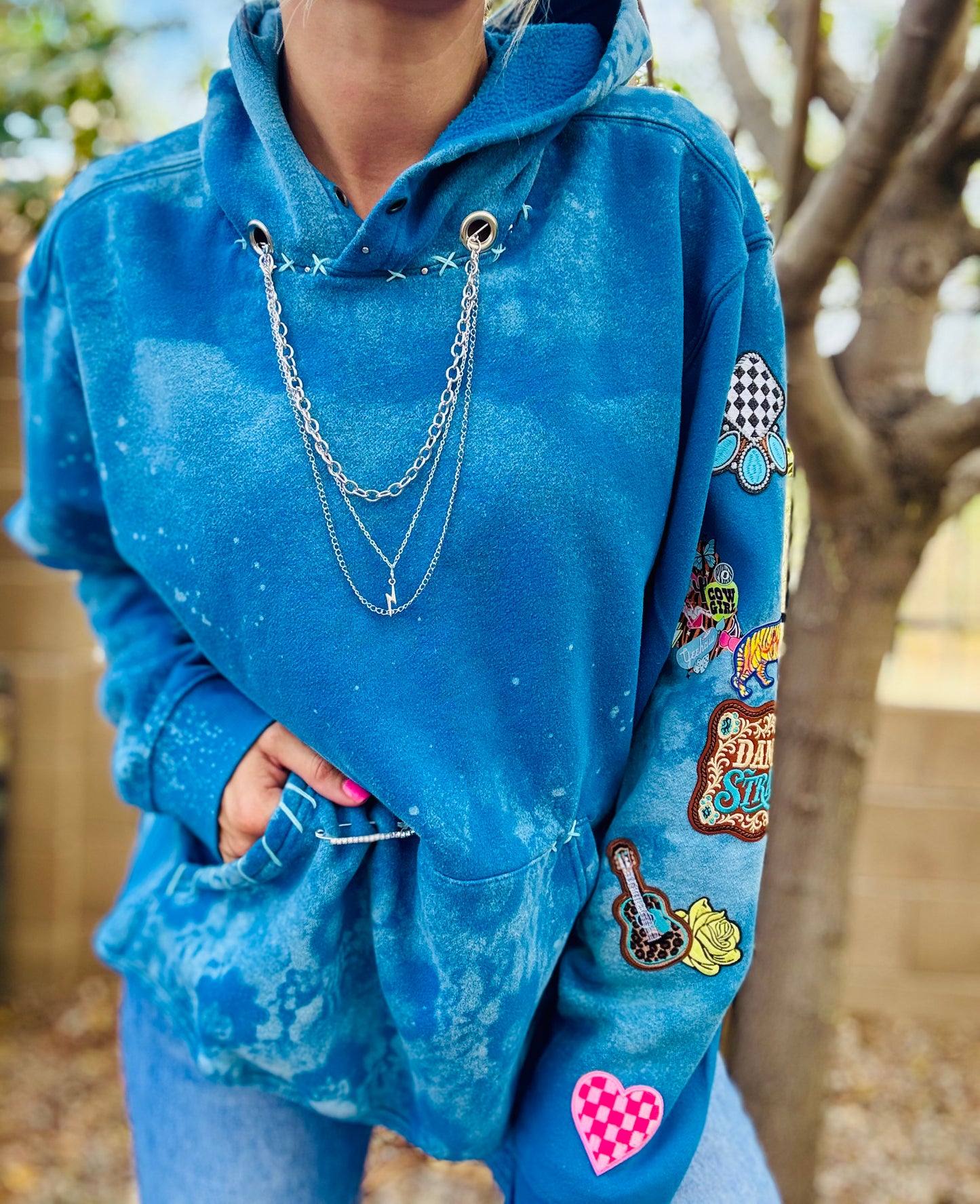CD- NECKLACE Hoodie blue patched arm  - lace vintage wash+ Men’s unisex size LARGE - Cut off bottom band hem