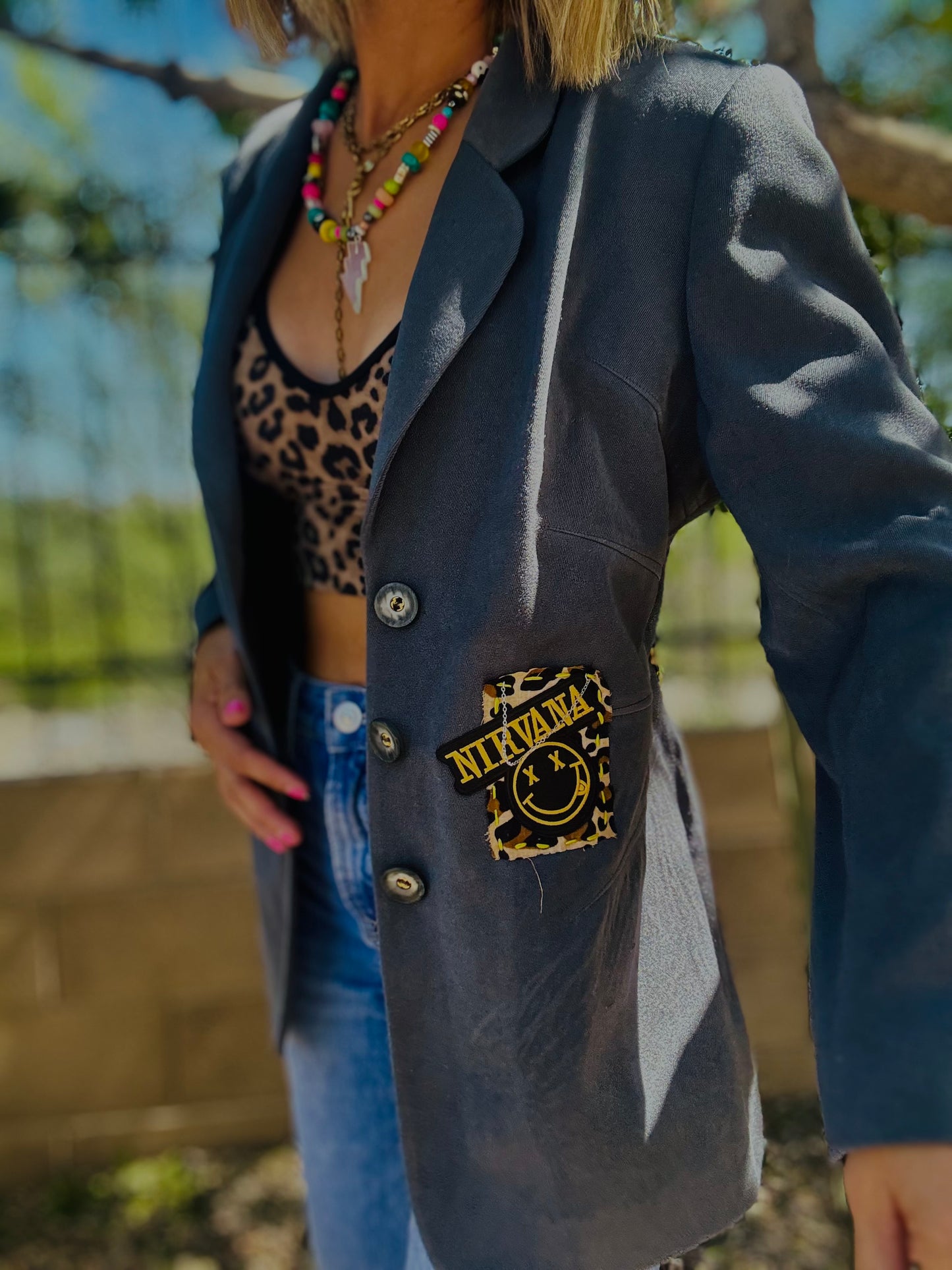 CD-grey and leopard retro blazer - Size 11 women’s fit blazer - size 11 converted is approx Med/Lg