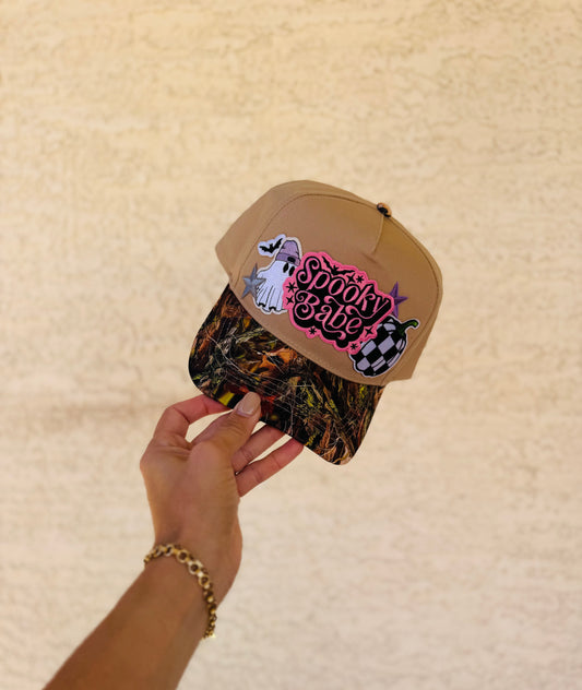 BOO-SPOOKY BABE GHOSTIE 1 CHECKERED pumpkin - vintage CAMO canvas snapback