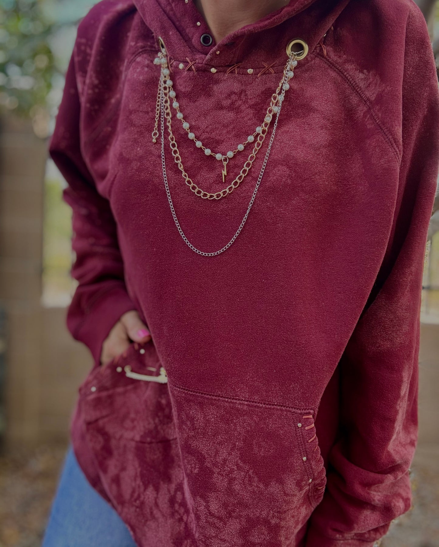 CD- NECKLACE Hoodie l could be meaner - lace vintage wash+ Men’s unisex size LARGE- Cut off bottom band hem