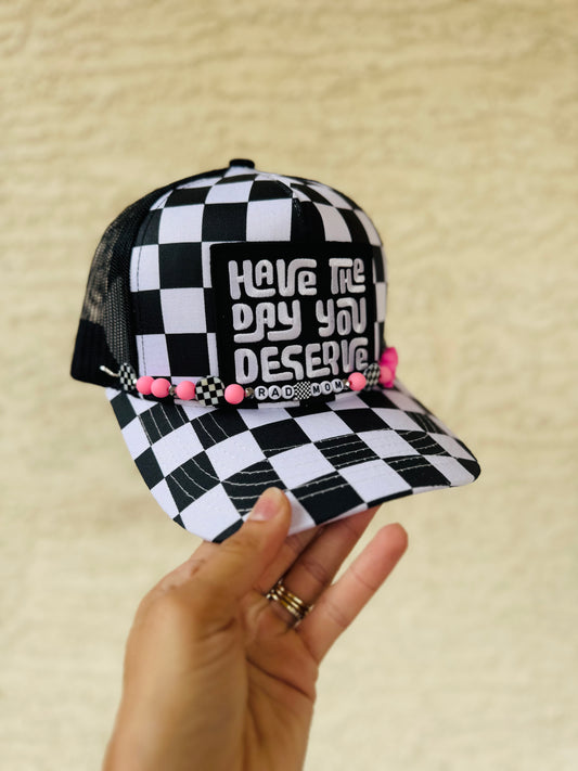 PT- CHECKERED DAY YOU DESERVE+ checkered canvas panel+ HANDMADE RAD MOM CHUNK CHAIN pink