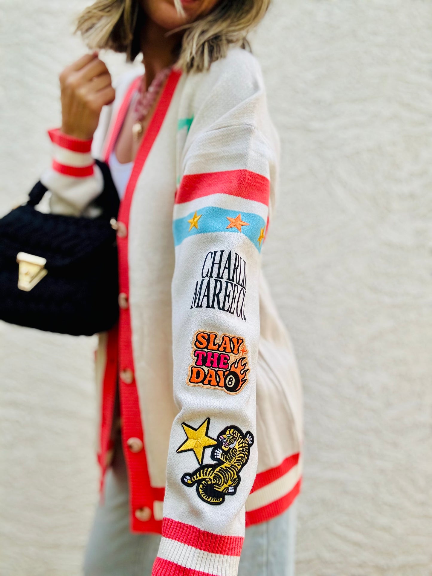 BBH-CHERRY BOMBER CARDIGAN + slay the day tiger +￼ CM CO. babes