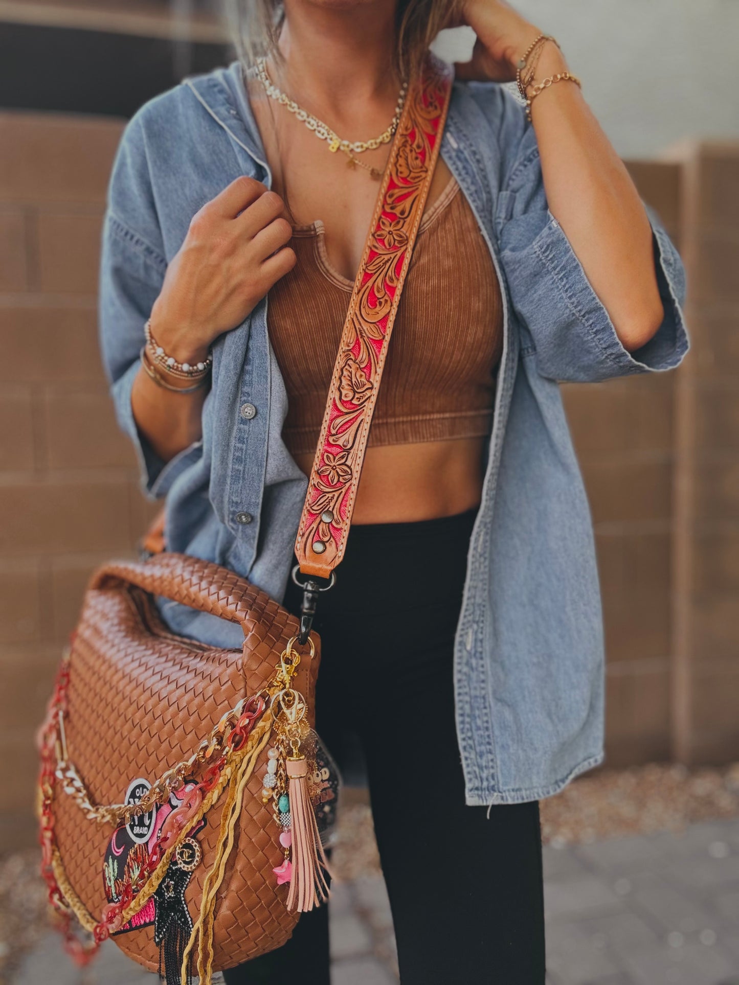 FC-neon moon 7+UPCYCLED AUTHENTIC BUTTON+ upgraded genuine tooled leather strap +Light brown bag   *CHANDLER BAG**