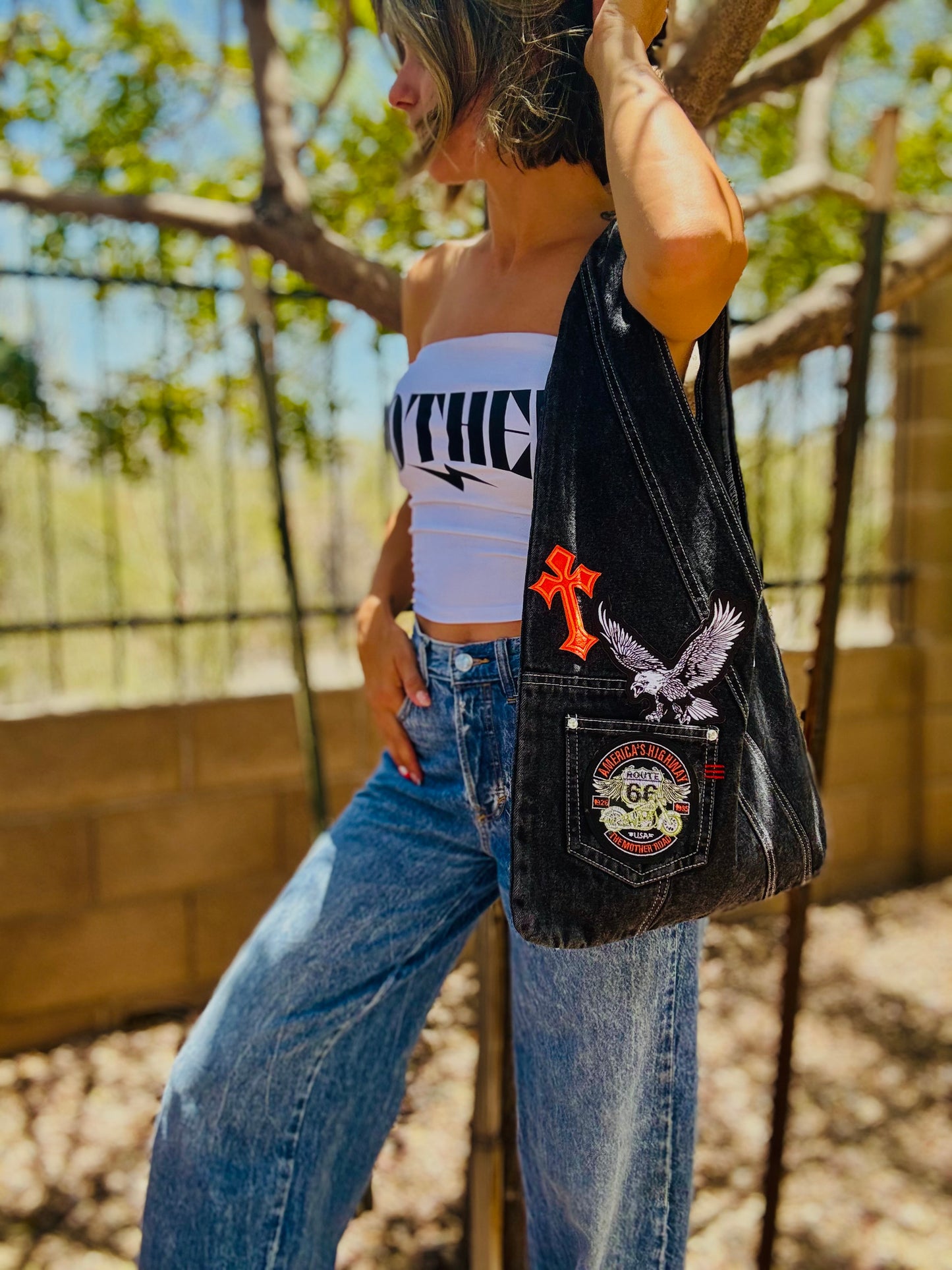 RTS-Bike babe edgy-HOBO TOTE genuine sewn denim black