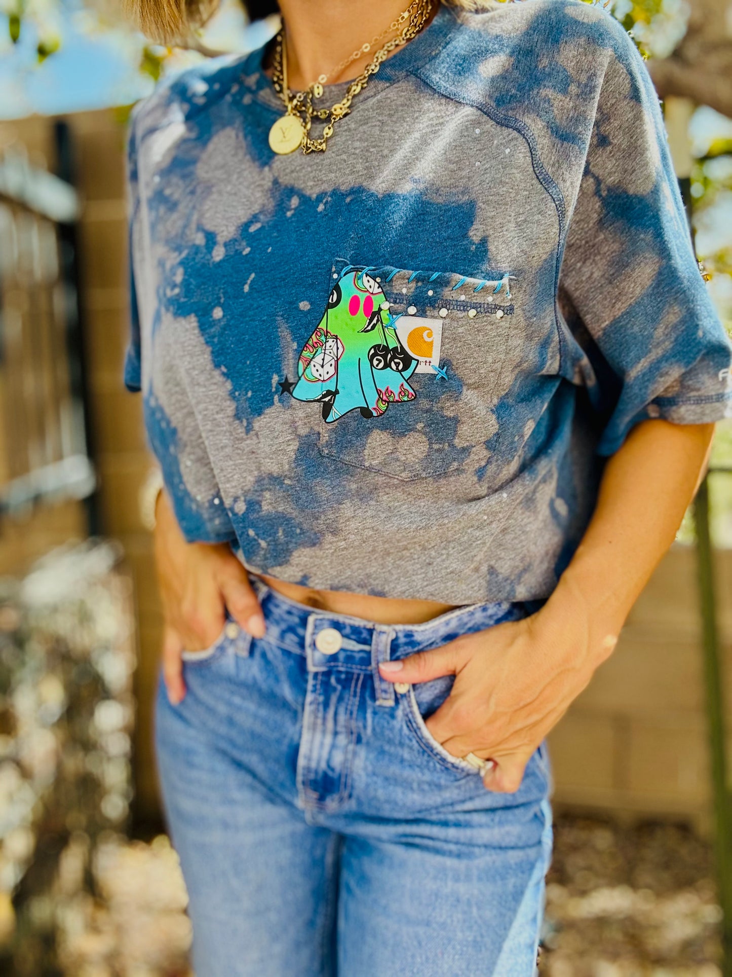 MD- printed blue ghostie +HUSBAND POCKET SHIRT -LARGE