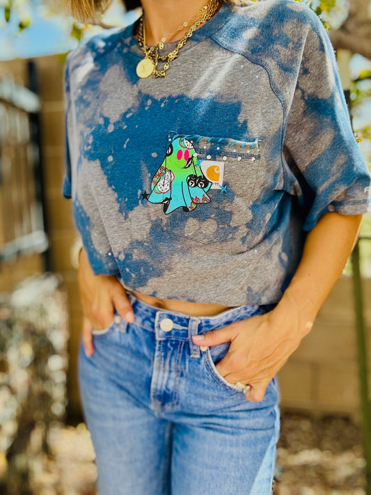 MD- printed blue ghostie +HUSBAND POCKET SHIRT -LARGE