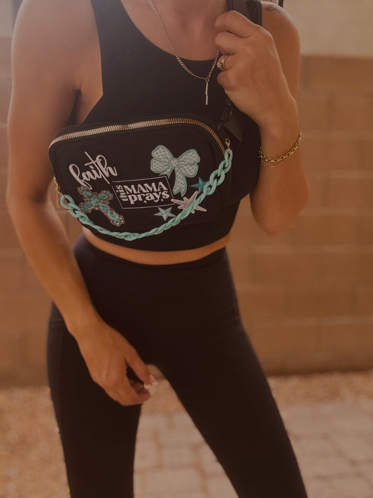 BB-this mama prays turquoise cross- Black BELT BAG