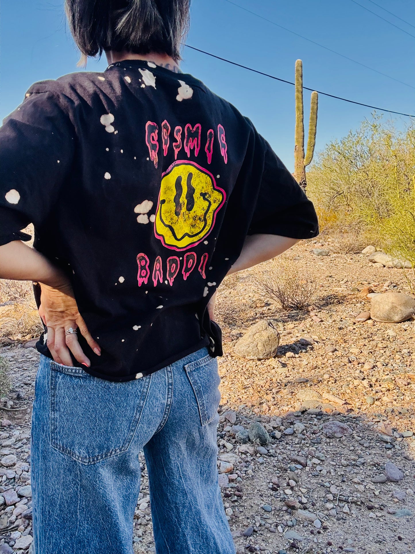 HD-Cosmic Baddie  - BLACK DISTRESSED POCKET SHIRT - MENS LARGE CUT