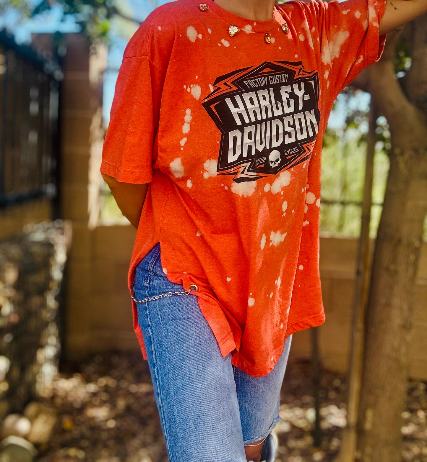 TEE-rhinestones baseball bike babe - DAD TEE slit back chain work rhinestones collar XL