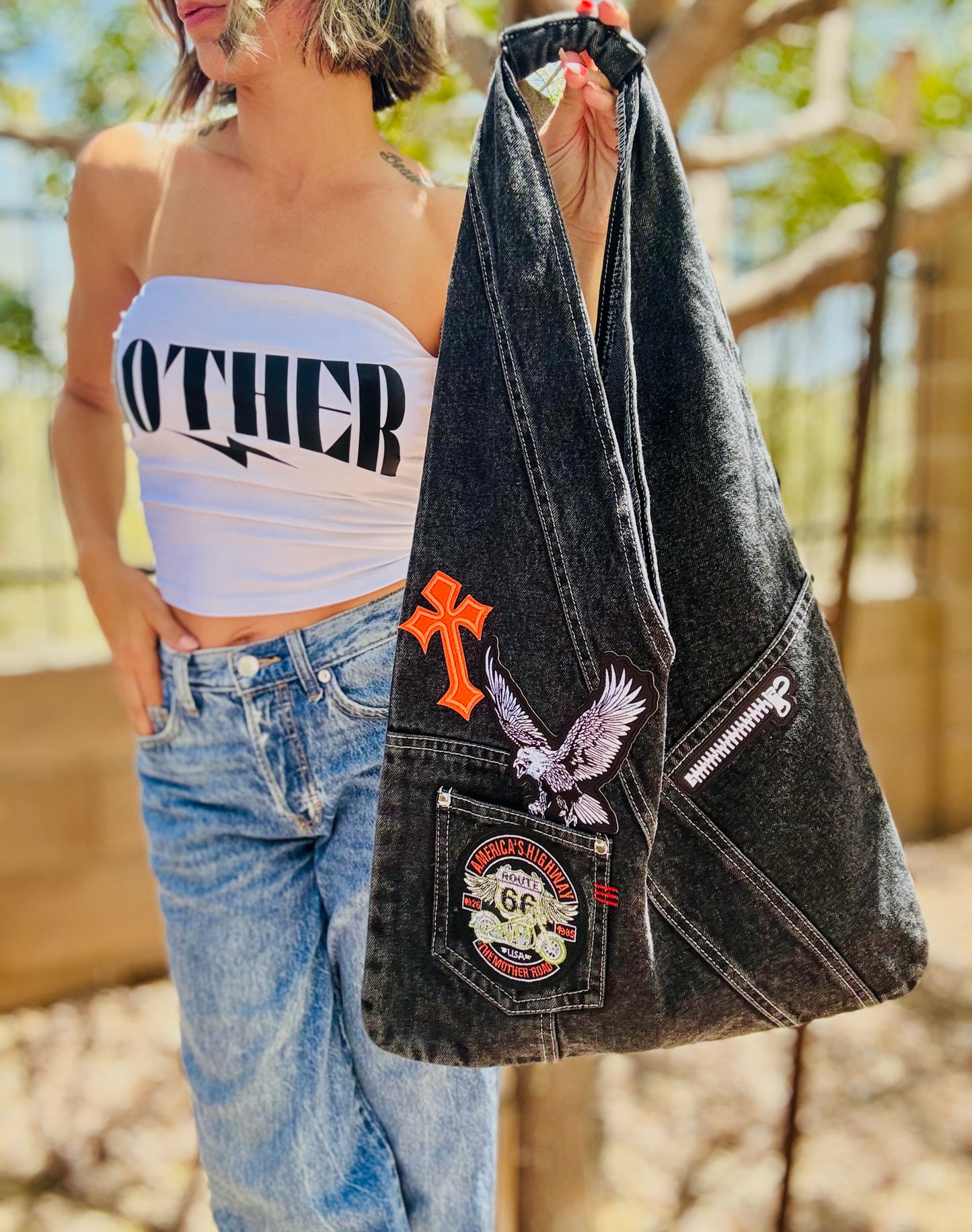 RTS-Bike babe edgy-HOBO TOTE genuine sewn denim black