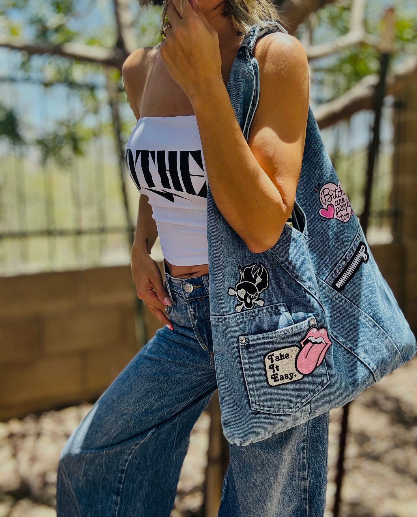 RTS- pink take it easy bitches are people too -HOBO TOTE genuine sewn denim light blue