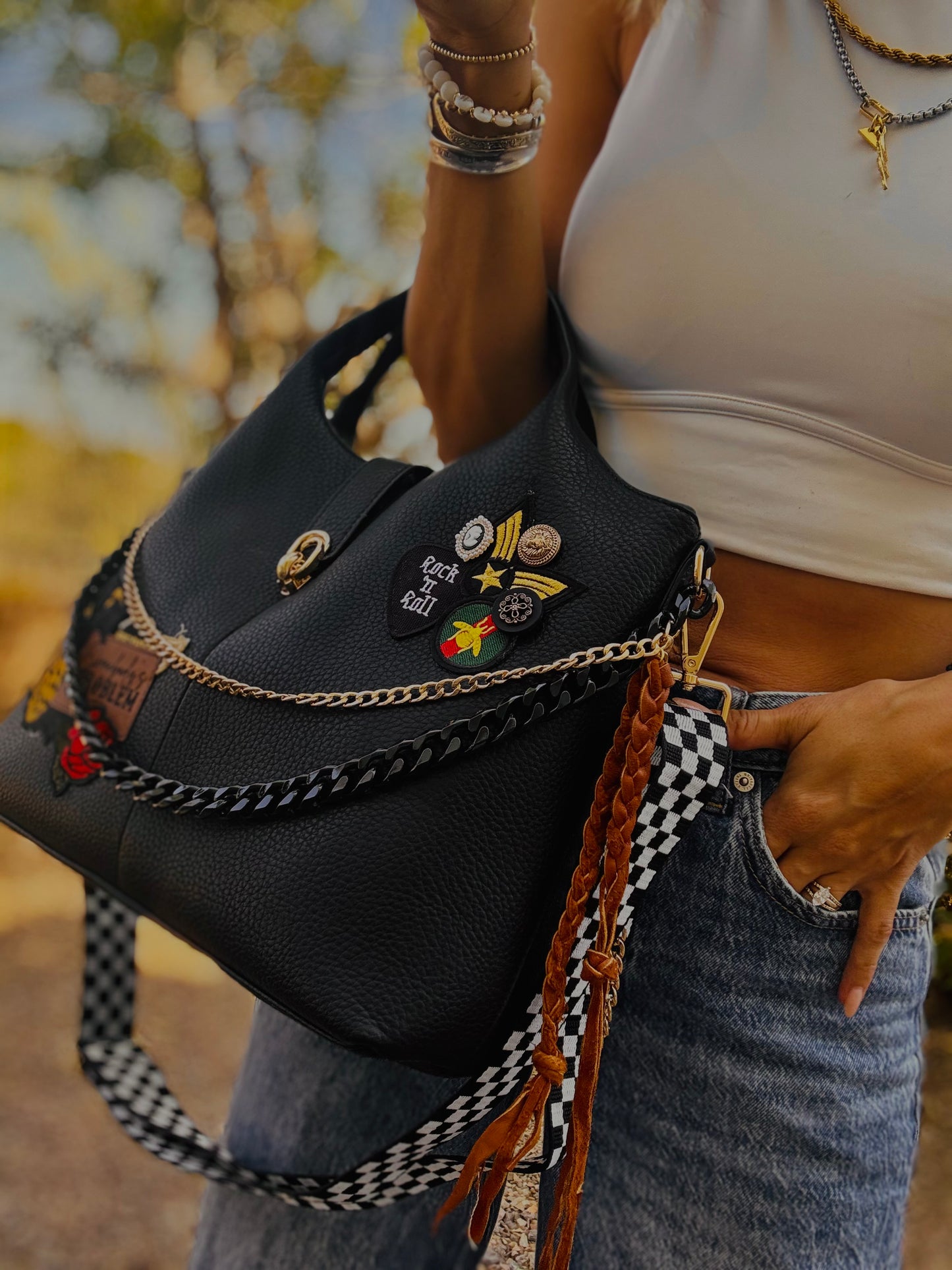 UM - SOMEBODYS PROBLEM ROCK AND ROLL VINTAGE CHECKERED STRAP+ elk hide accents +TUCSON ￼** multi straps