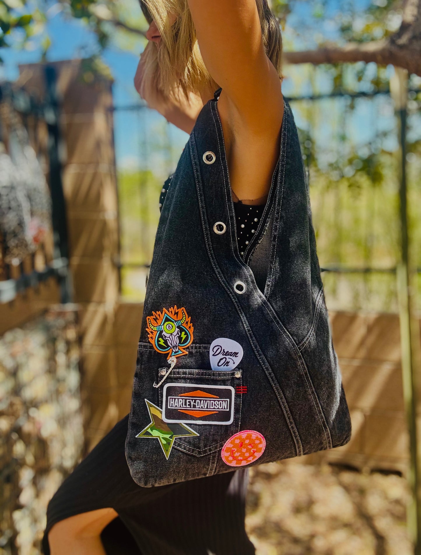 RTS-DREAM ON DARK DENIM BABE-HOBO TOTE genuine sewn denim