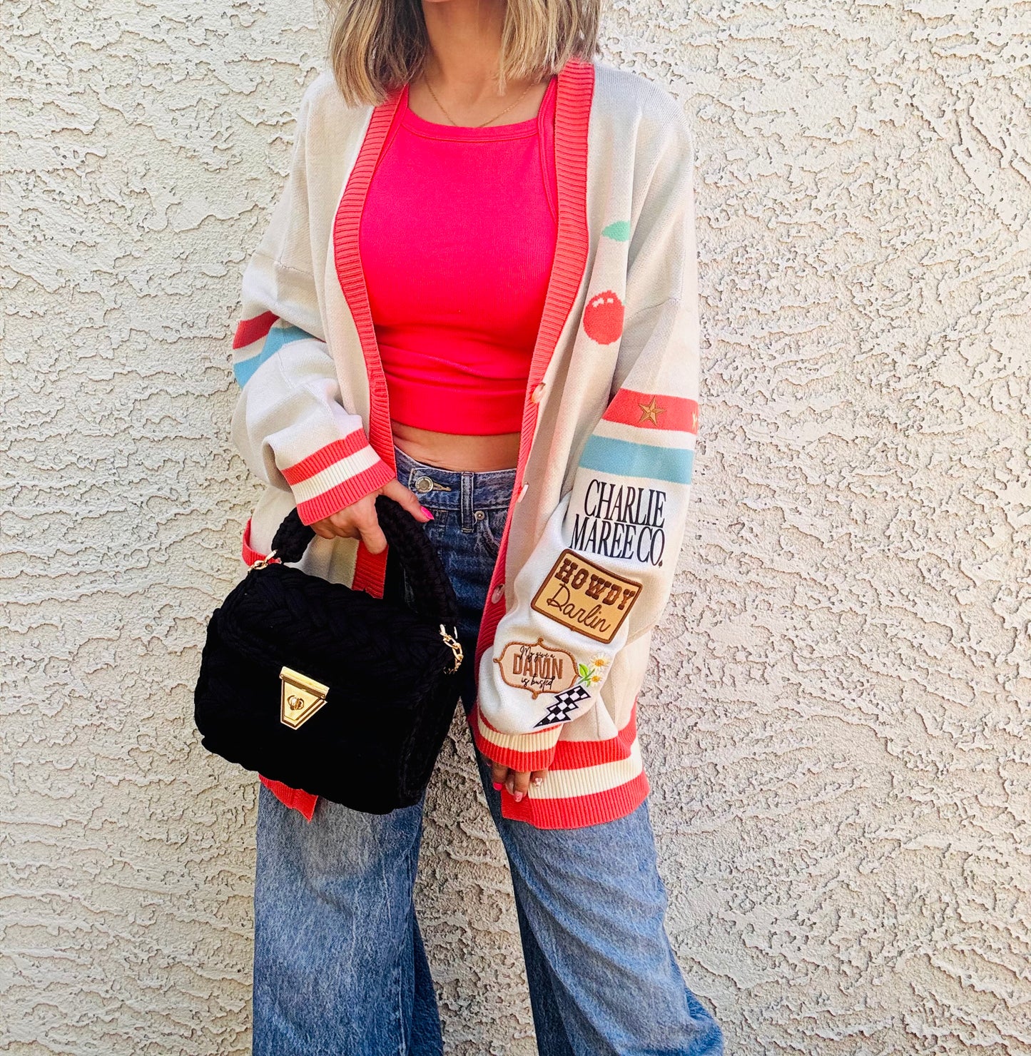 BBH-CHERRY BOMBER CARDIGAN + howdy darling my give a damn is busted +￼ CM CO. babes