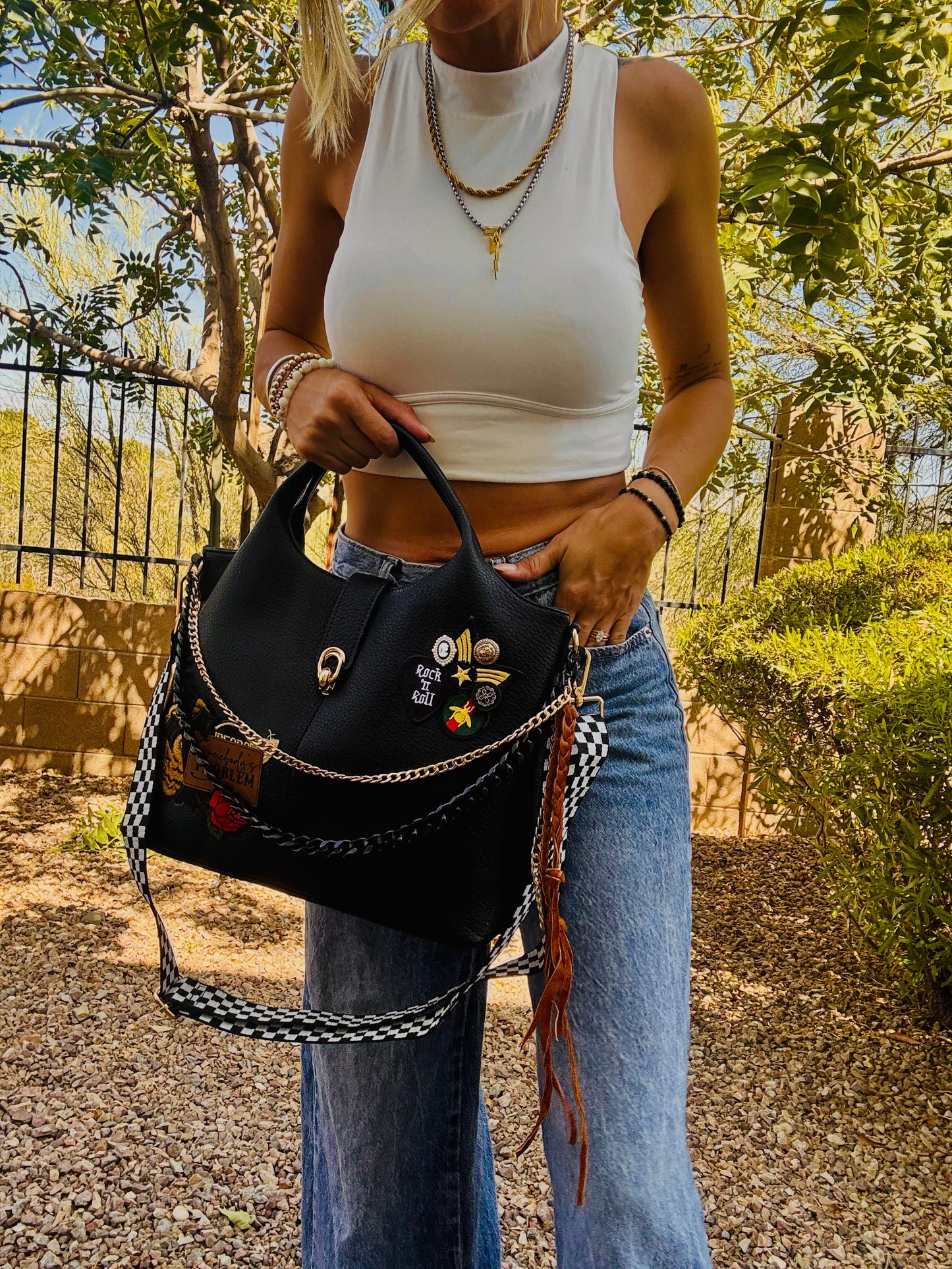 UM - SOMEBODYS PROBLEM ROCK AND ROLL VINTAGE CHECKERED STRAP+ elk hide accents +TUCSON ￼** multi straps