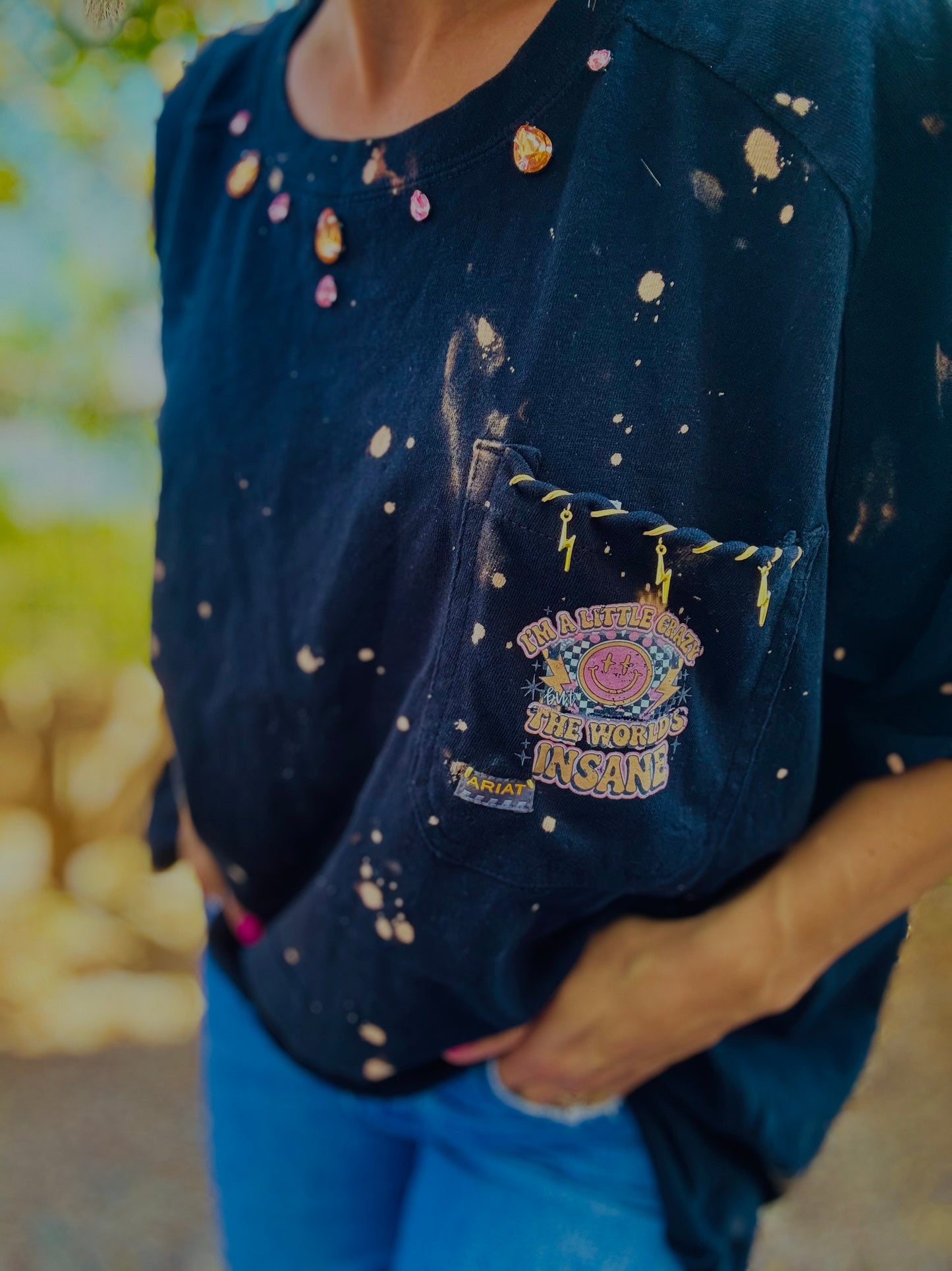 TEE-RHINESTONE I’m a little crazy but the worlds insane  - slit 1/2 back chain work rhinestoned collar lightning bolt charm pocket stitched rhinestones HUSBAND POCKET TEE XL