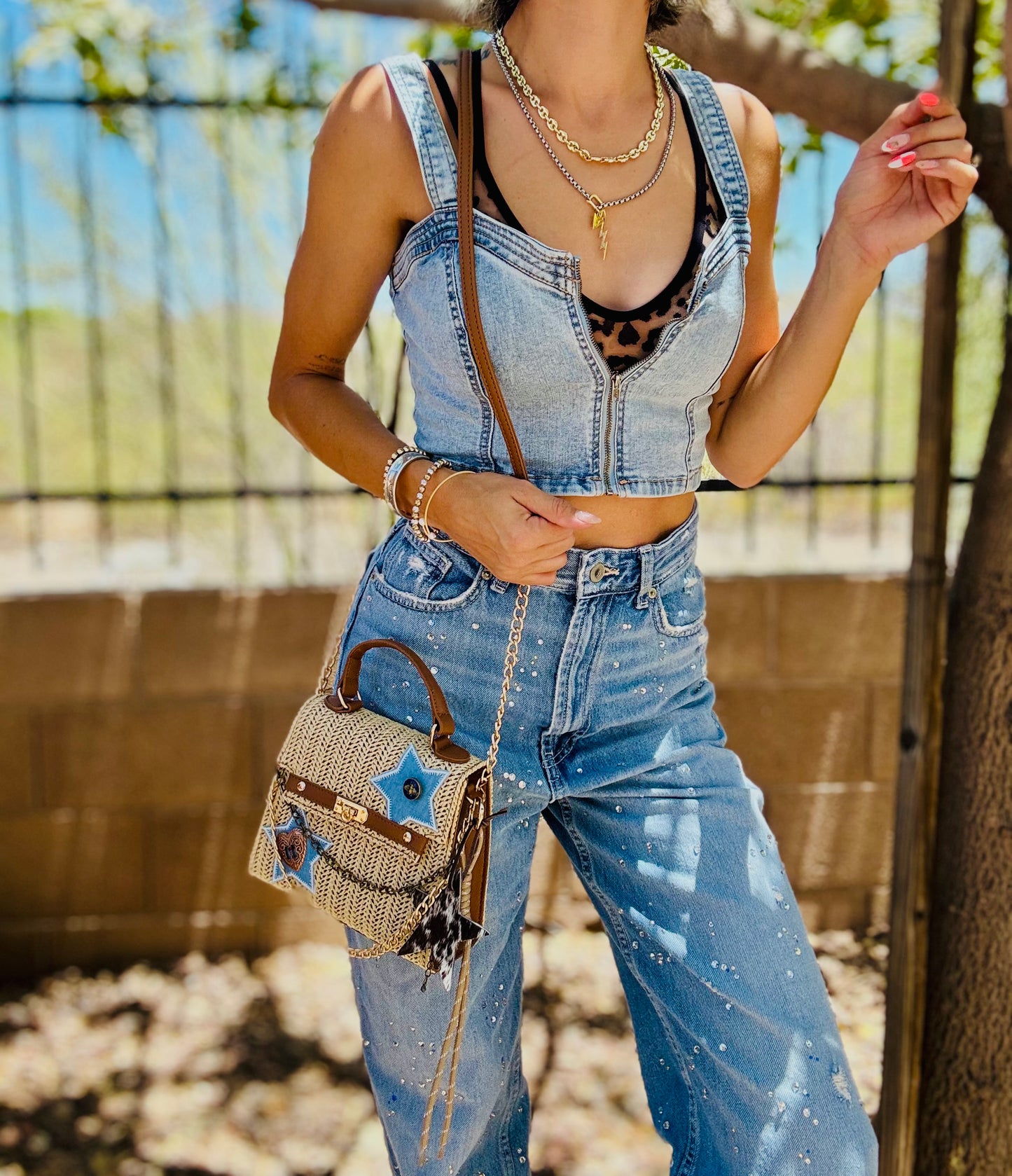RG- VINTAGE BEE DENIM AND CONCHO￼+ THE BLAIR STRAW SUMMER MINI