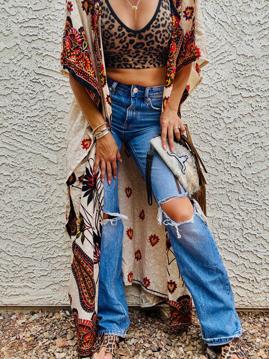 AUG-GORGEOUS SATIN KIMONO WITH COUNTRY BAND, VIBE, HAND RHINESTONE DETAIL.+ SIZE TAGGED OSFM- KIMONO COVER UP