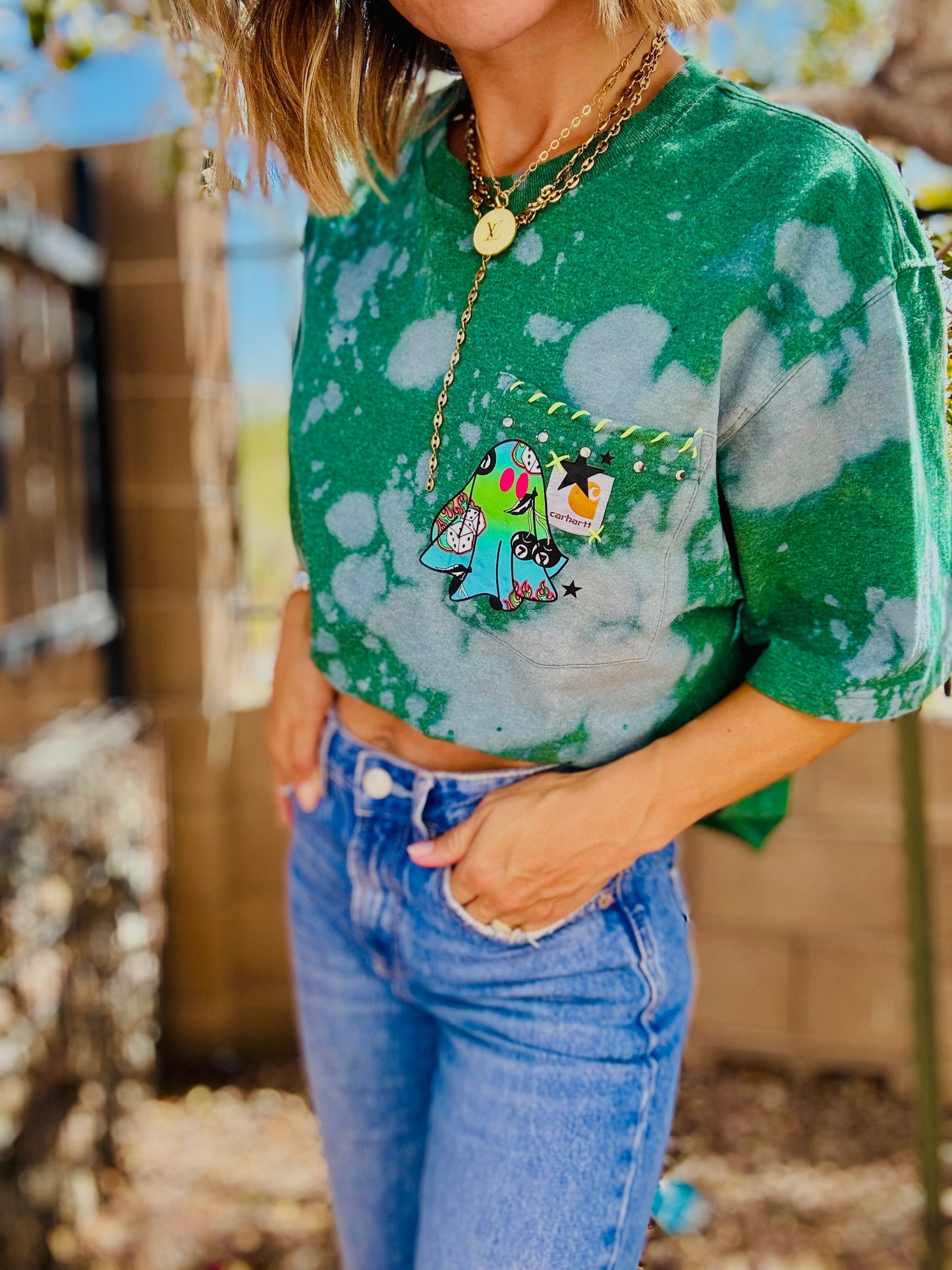 MD- printed green ghostie +HUSBAND POCKET SHIRT -MEDIUM
