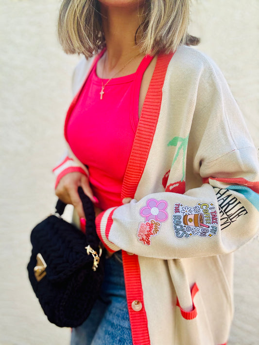 BBH-CHERRY BOMBER CARDIGAN + I take my coffee on the rocks give yourself grace + CM CO. babes