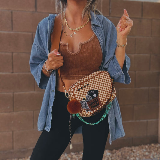 FC-Smoke show UPCYCLED AUTHENTIC BUTTON-tan checkered OG *Page Bag* Dual straps