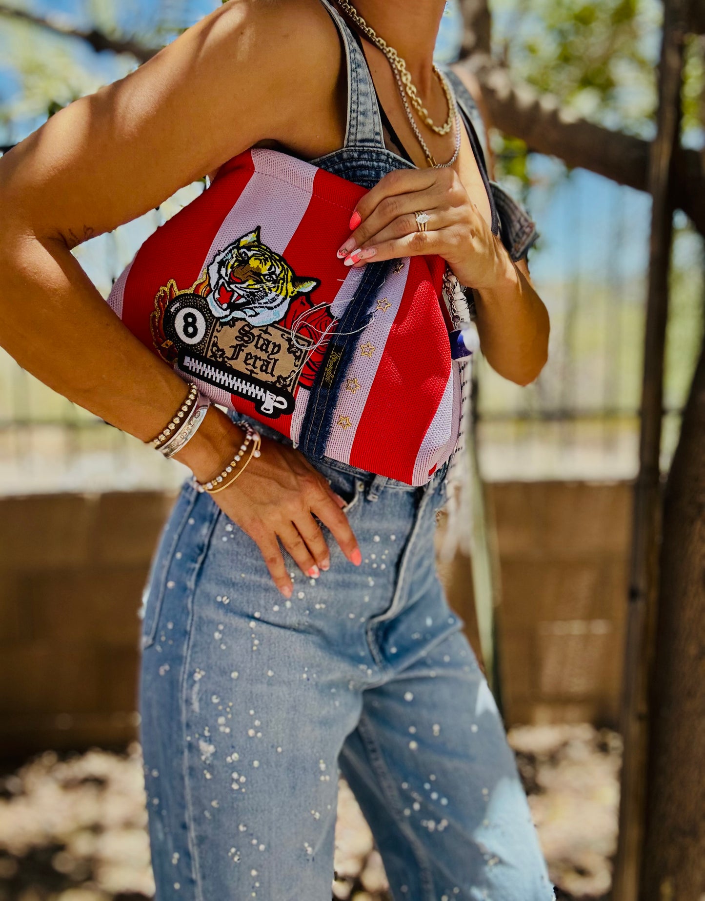 RG-stay feral- denim stitch work +** lavender and red stripe LIZZIE KISS CLUTCH￼** WITH STRAP