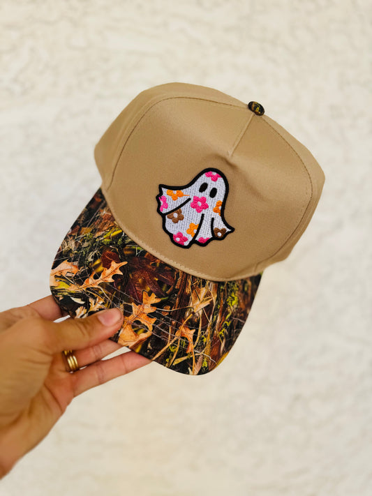 MD- pink floral Ghostie - full canvas camo bill panel trucker SnapBack
