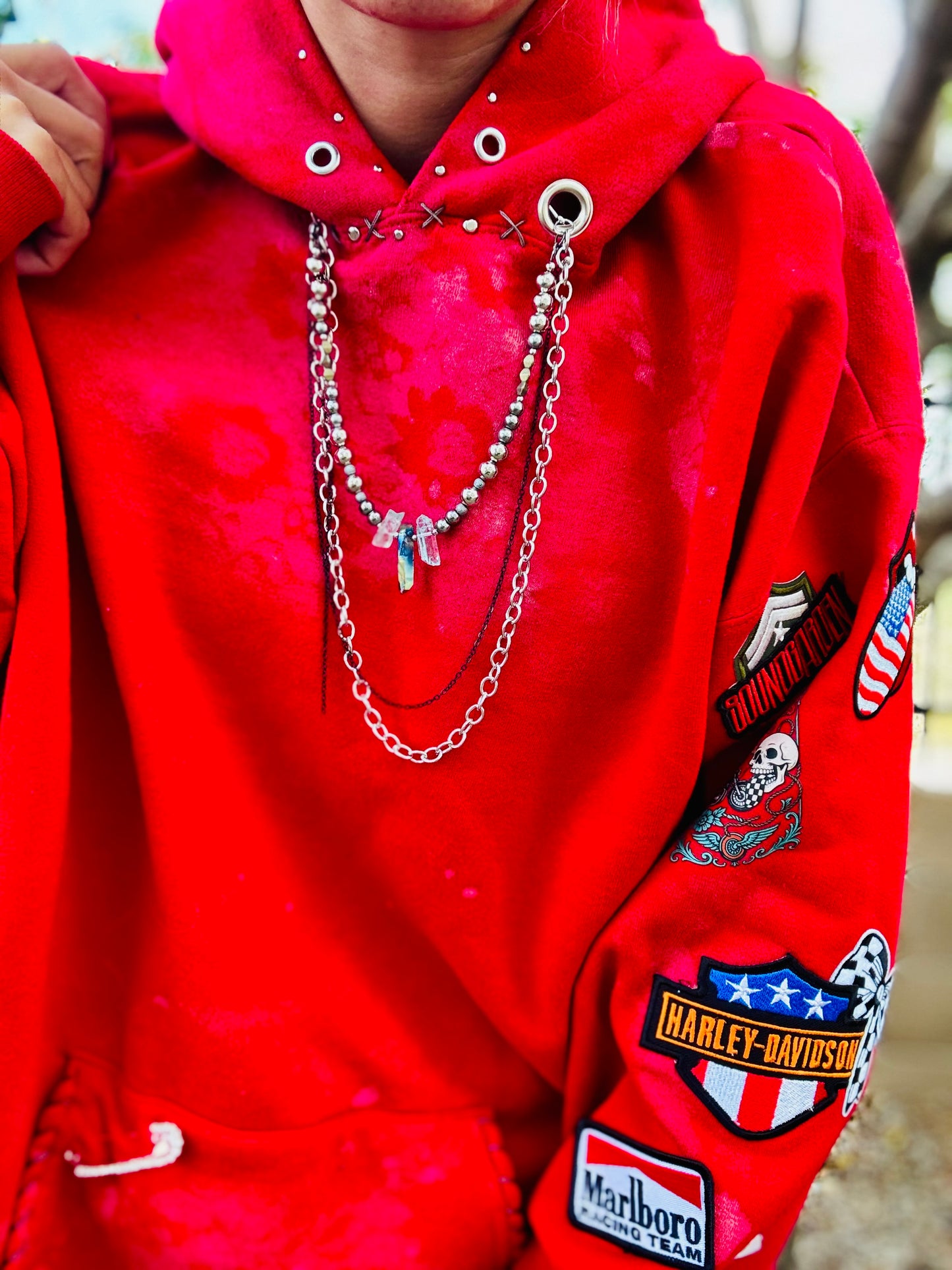 CD- NECKLACE Hoodie red patched arm  - lace vintage wash+ Men’s unisex sizeXL- Cut off bottom band hem