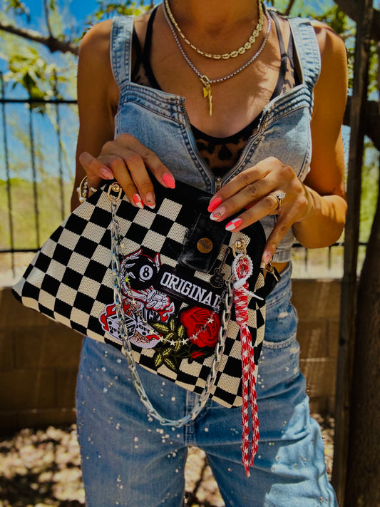 RG-ORIGINAL F OFF BADDIE BABE +wrnagler denim patch work++ checkered black and white LIZZIE KISS CLUTCH￼** WITH STRAP