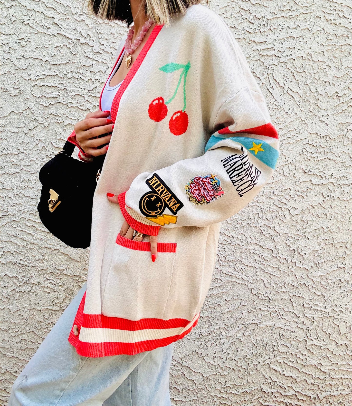 BBH-CHERRY BOMBER CARDIGAN + fueled by compliments and chaos band, babe CM CO. babes