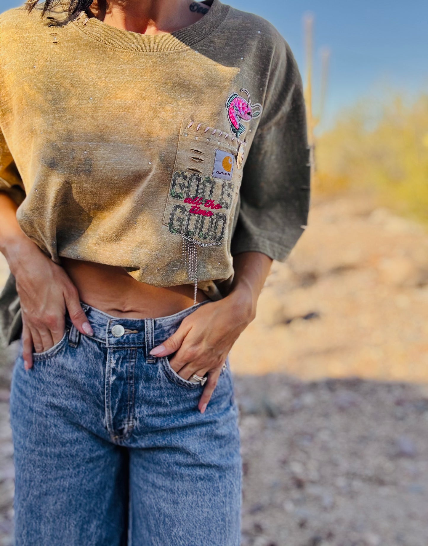 HD-bass fish god is good camo   - sage DISTRESSED POCKET SHIRT - MENS LARGE CUT